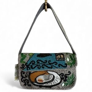 Embroidered Silver and Green Women's Bag - Paris